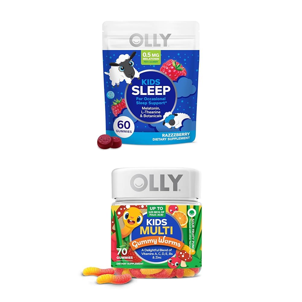 OLLY Kids Sleep Gummy, Melatonin, L Theanin, Heřmánek, 60 Počet a děti Multivitamin Gummy Worms, Vitamíny A C D E B Zinek, 70 Počet