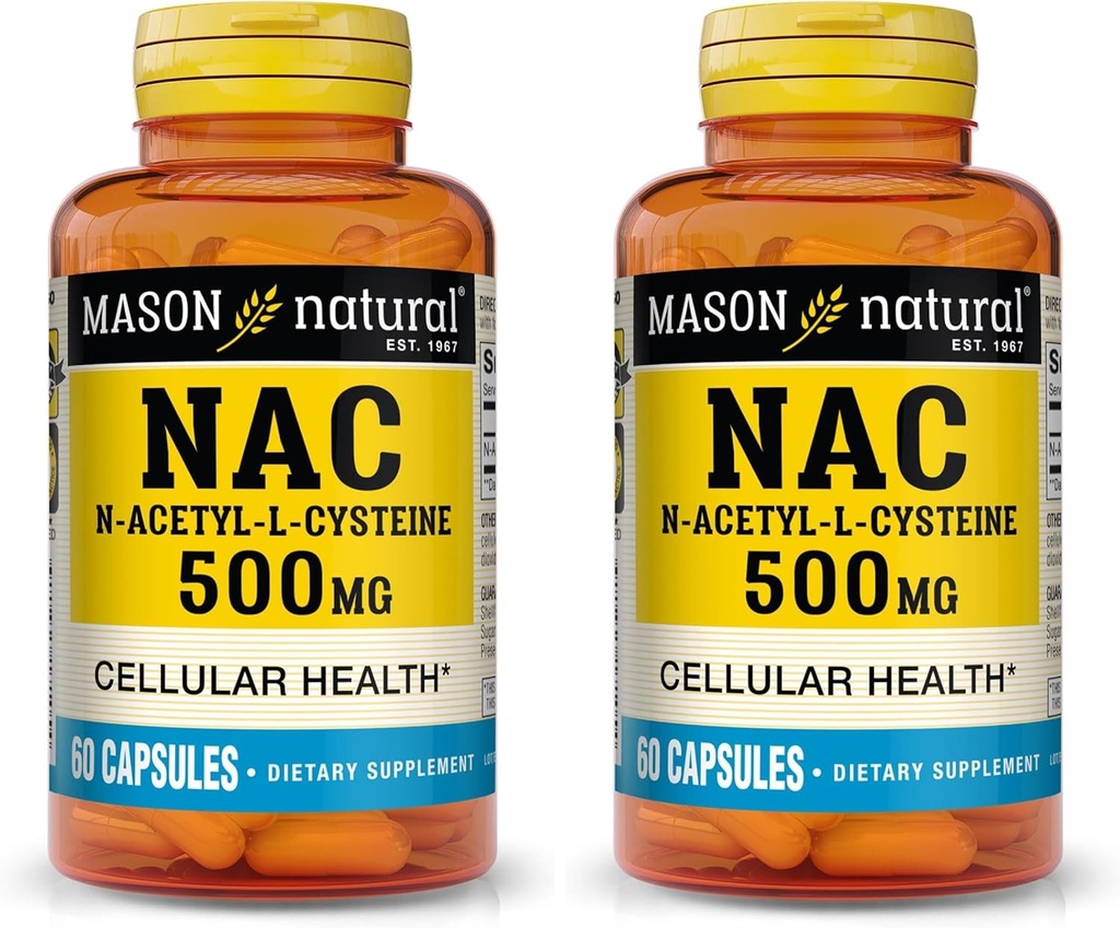 MASON NATURAL NAC N- Acetyl L- Cysteine 500 mg - Podporuje buněčné zdraví, imunitní systémový booster, pro General Wellness, 60 tobolek (Balení po 2)