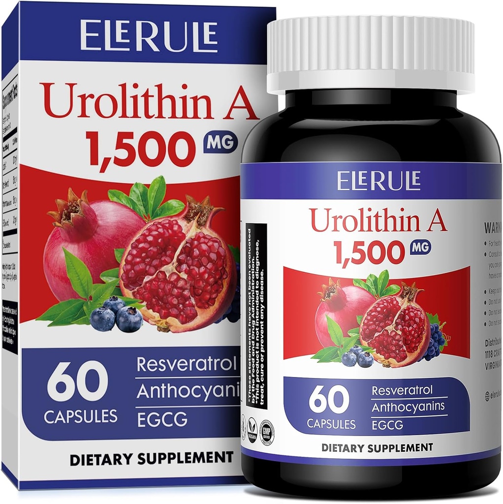 Urolithin A dodatek 1000 mg Plus Transveratrol, Anthocyaniny, Zelený čaj, Podpora zdravého stárnutí, Podporuje celulární a energie pro muže a ženy, 60 kapsules- 61
