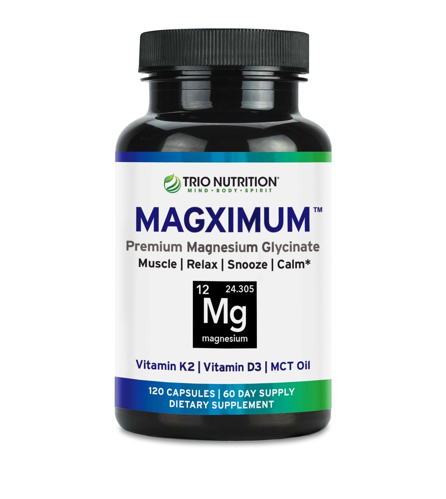 Trio Nutrition MagX Glycinát hořčíku, Vitamin D3, Vitamin K2 & MCT Olej 124; Chelated Magnesium dodatek 124; klid, relaxace a zotavení 124; být dobře regenerován a začít svůj den s Magnesium