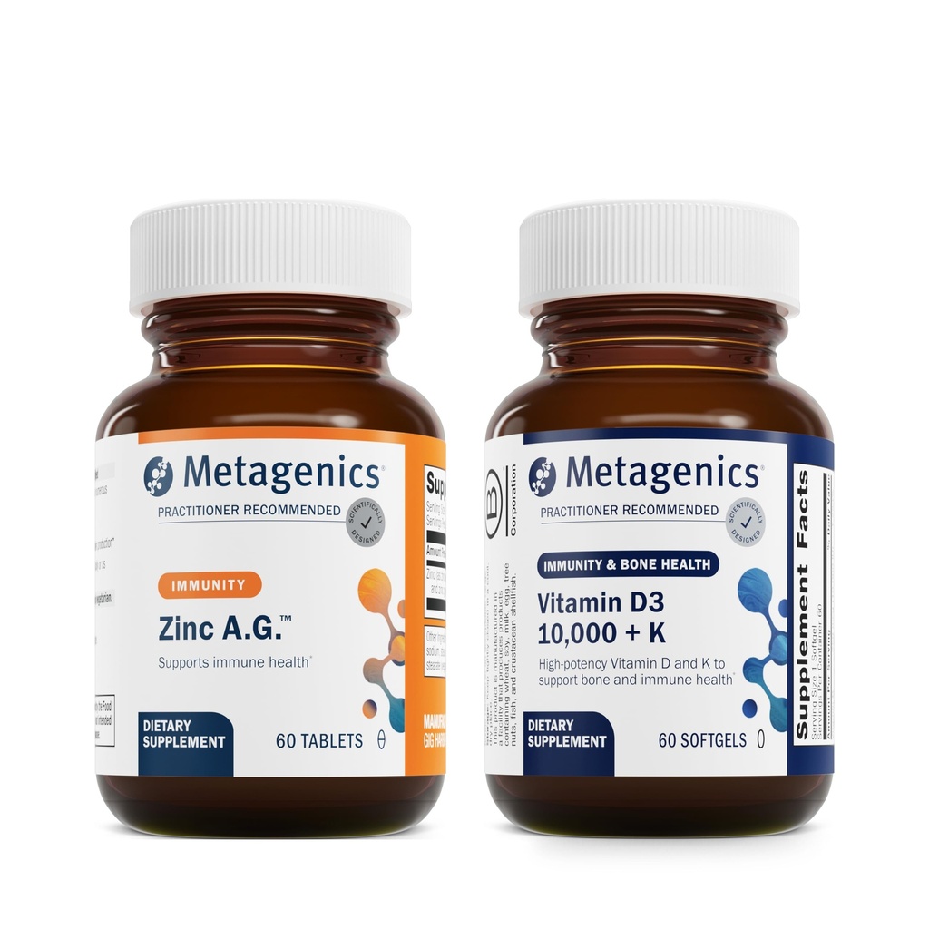 Metagenika Bundle - zinek A.G. & D3 10.000 + K - 60 tablet zinku A.G. pro imunitní podporu, zdraví kostí, energetický metabolismus - 60 Softgels D3 10.000 + K pro imunitní podporu, srdeční zdraví