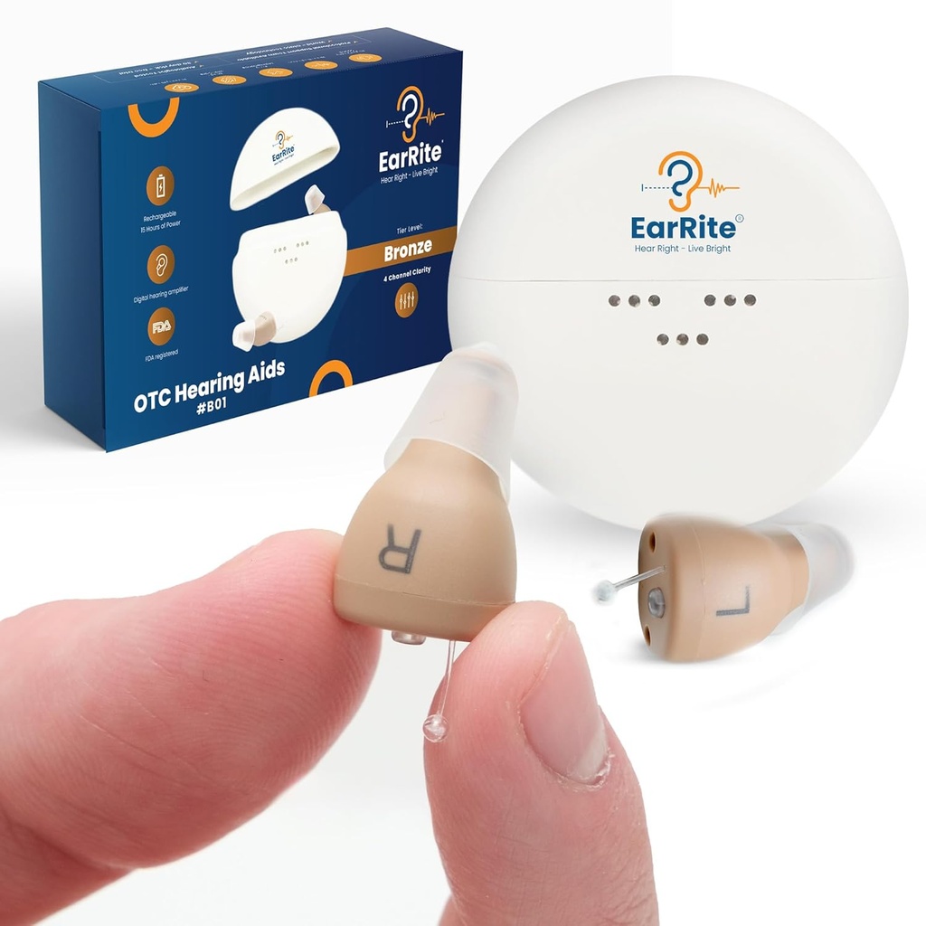 Earrite dobíjecí OTC naslouchací pomůcky pro seniory - Téměř neviditelné & Komfortní 9 Nastavitelné úrovně Clarity Compact In- Ear Design Digitální zesilovač sluchu s hlukem redukce a nabíjení pouzdro