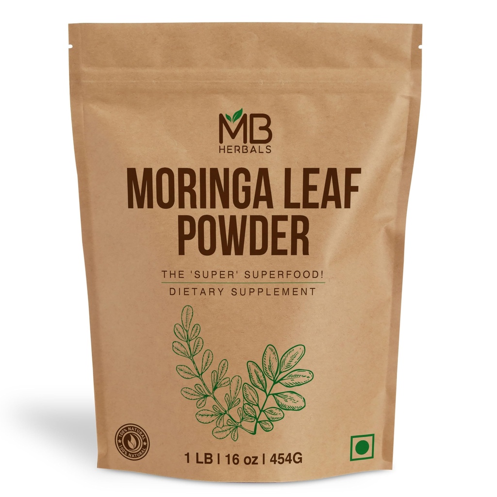 MB Herbals Moringa Leaf Powder 1 LB / 16 oz (454 Gram) CLAS124; 100% Pure Moringa Powder CLAS124; Easy Mixes in Drinks & Smoothies CLAS124; No Preservative