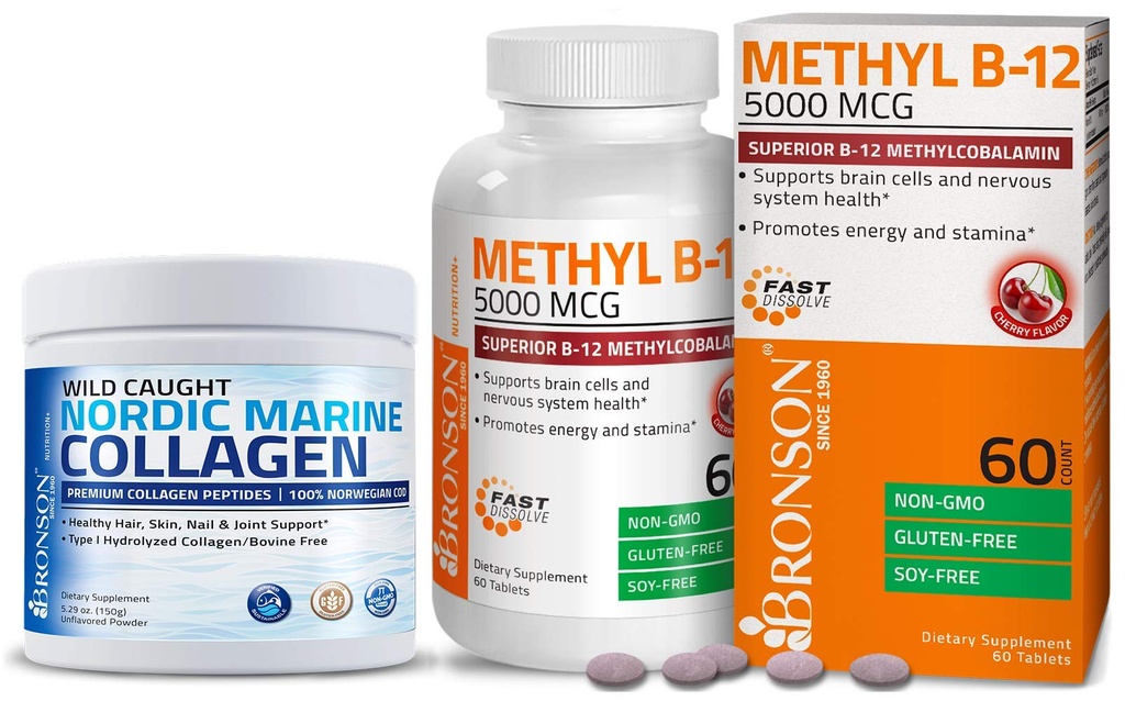 Bronson Marine Kolagen Peptidy Hydrolyzovaný proteinový prášek + methyl B12 5000 mcg Vitamin B12 Methylkobalamin