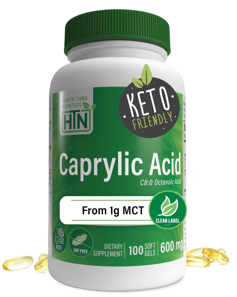 Zdraví Thru Nutrition Capyl Acid 600mg 100 Softgels C124; C8 Octanoic Acid z čisté 1g MCT Oil C124; Non- GMO & Soy Free Acid 124; Podpora zdravé stravovací a střevní zdraví C124; Keto Friendly