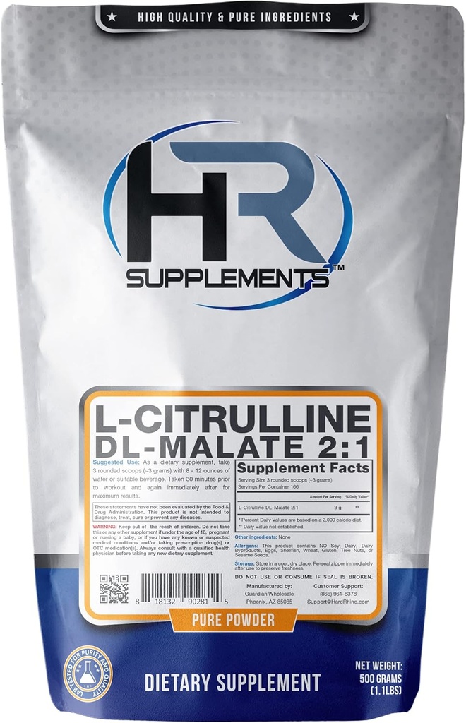 HR doplňky L- Citrulline DL- Malate 2: 1 Prášek, 500 Grams (1.1 Lbs), Neochucené, Lab- Testováno, Scoop Zahrnuto