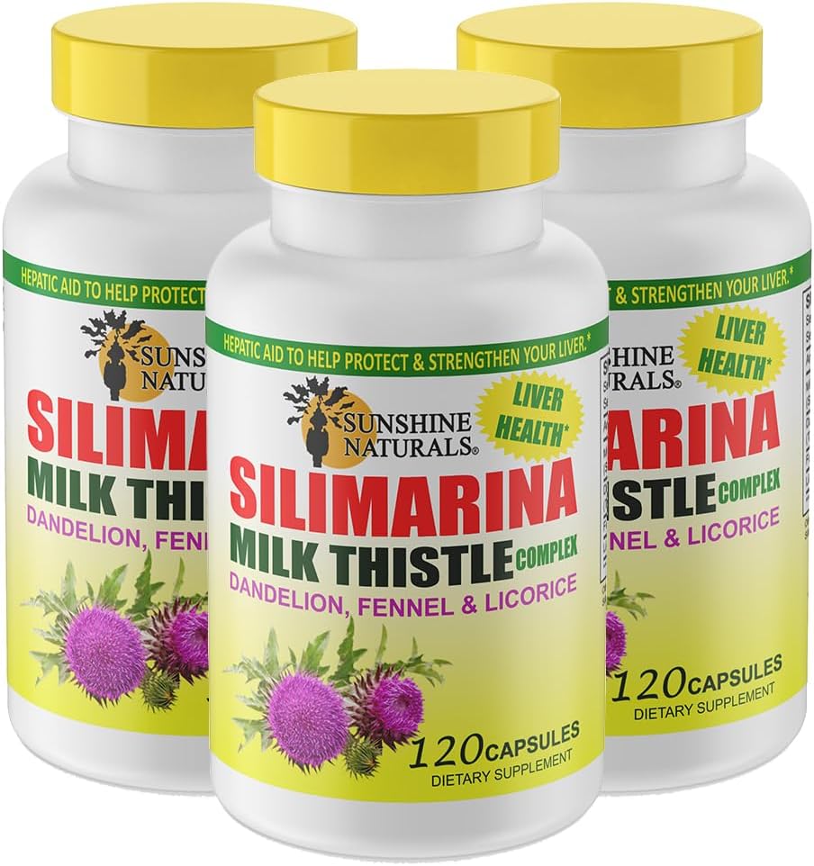 Sunshine Naturals Milk Thistle Complex. Podpora zdraví jater, detoxifikace, antioxidační obrana, a přírodní funkce jater Vylepšení. Podporuje stravitelné zdraví.600 mg.120 tobolek. Balení po3.