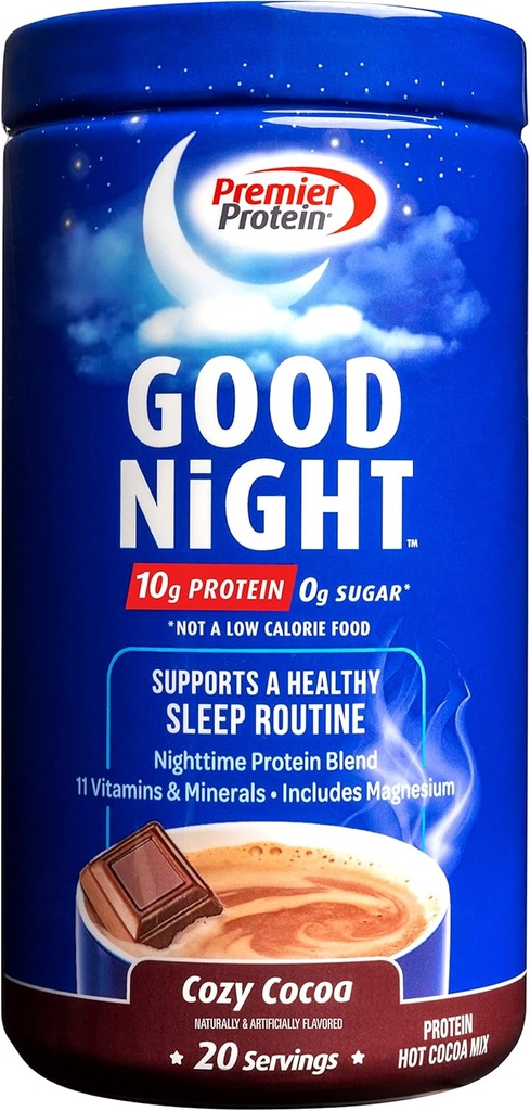 Premier Protein Good Night Protein Powder, Hot Cocoa Mix, 10g Protein, 0g Sugar, 11 Vitamíny & Minerály, Nighttime Protein Blend, Magnesium, Zinek, 20 Serve, 1 Tub