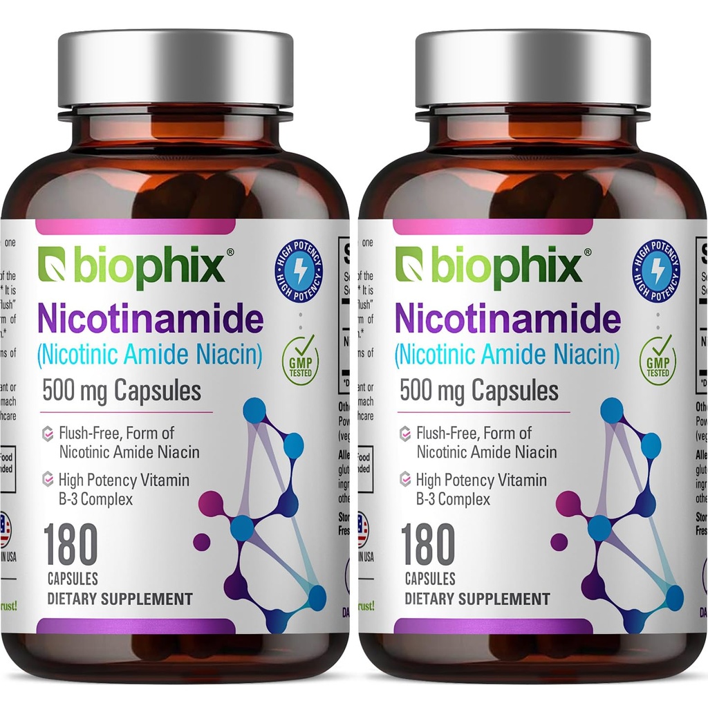 biophix B-3 Nikotinamid 500 mg 180 Caps 2 Pack - Nikotinový amid Niacin Natural Flush- Free Vitamin Formule - Podporuje zdraví kožních buněk