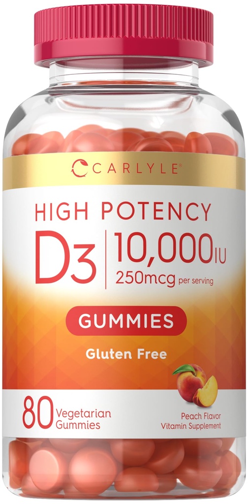 Carlyle Vitamin D3 10000iu Gummies pro dospělé 124; 80 Počet 124; Broskve ochucené gumy 124; Vysoká potence pro ženy a muže 124; Vegetariánské, Non- GMO, gluten zdarma dodatek
