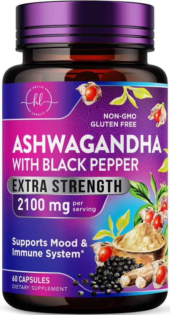 Ashwagandha 2,100 mg - Ashwagandha doplňky pro ženy ve Veggie Kapsle s práškem & kořenový extrakt, Black Pepper pro vysokou absorpci, rostlinný základ, Non- GMO, Lahve v USA - 60 Veggie Kapsle