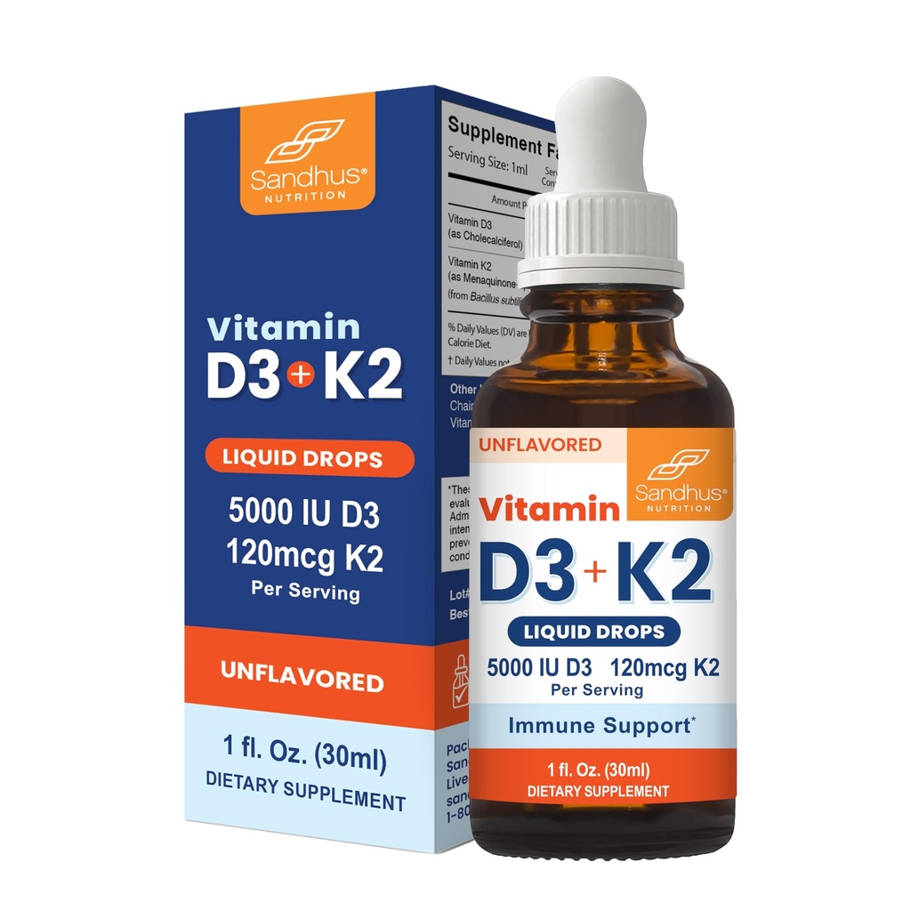 Sandhu 's Vitamin D3 K2 Kapky pro dospělé 124; 5000 IU D3 Liquid, 120mcg K2 dodatek 1 Fl Oz (balení po 1) Oz (balení po 1) 124; D3K2 podporuje Superior Absorpce, Energie, Imunita, Svalové zdraví pro muže a ženy