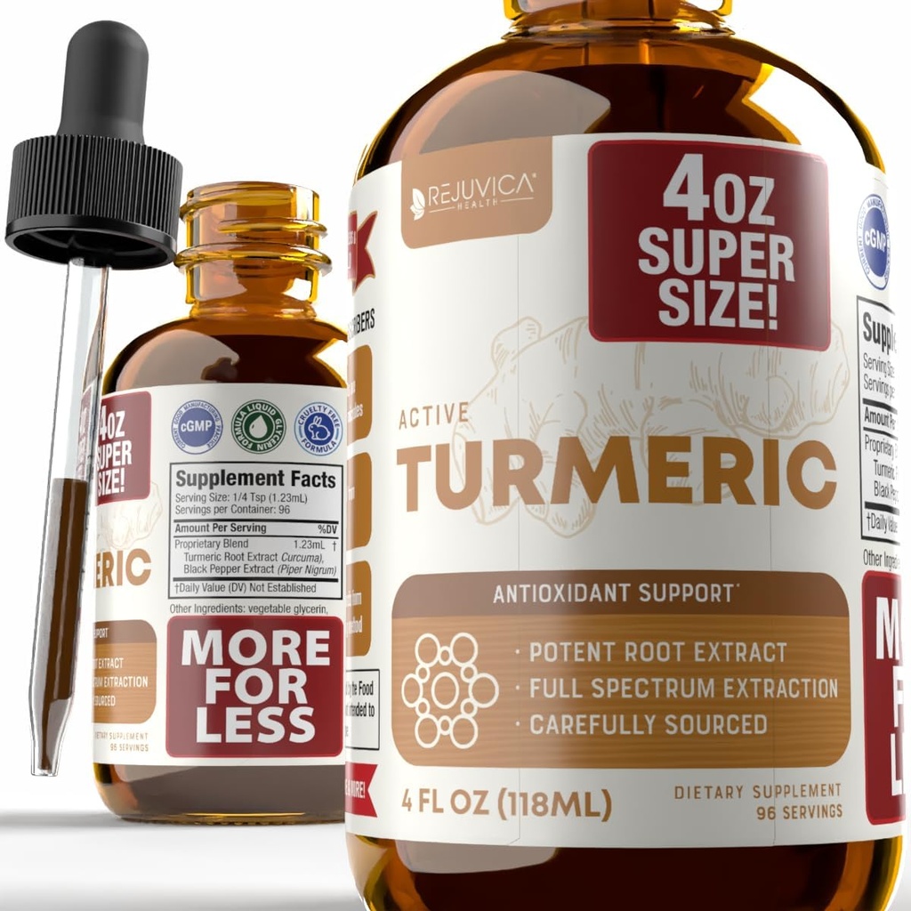 Rejuvica Zdraví Aktivní Kurkuma 4oz XL Super Size - Pokročilý tekutý doplněk tinktura - Kurkuma Longa Extract Drops - Kurkuma pouze kurkumy - Přirozeně okurkování kurkumin