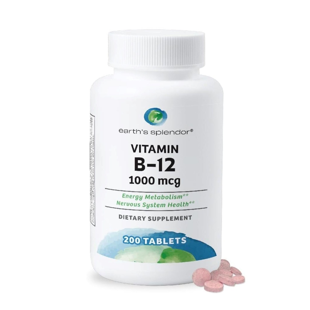 Příslušenství energie Splendor na Zemi, s vitaminem B12, bez umělé barvy nebo příchutí, bez glutenu, Podpora metabolismu energie (1000mcg, 200 tablet)