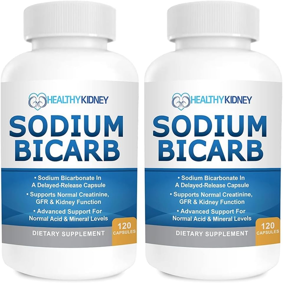 Bikarbonát sodný 650mg Kapsle opožděné uvolnění pro podporu normální funkce ledvin & Ledviny dodatek. Bikarbonát sodný pro kyselou úlevu, Alkalinity 120 pilulky 2- balení