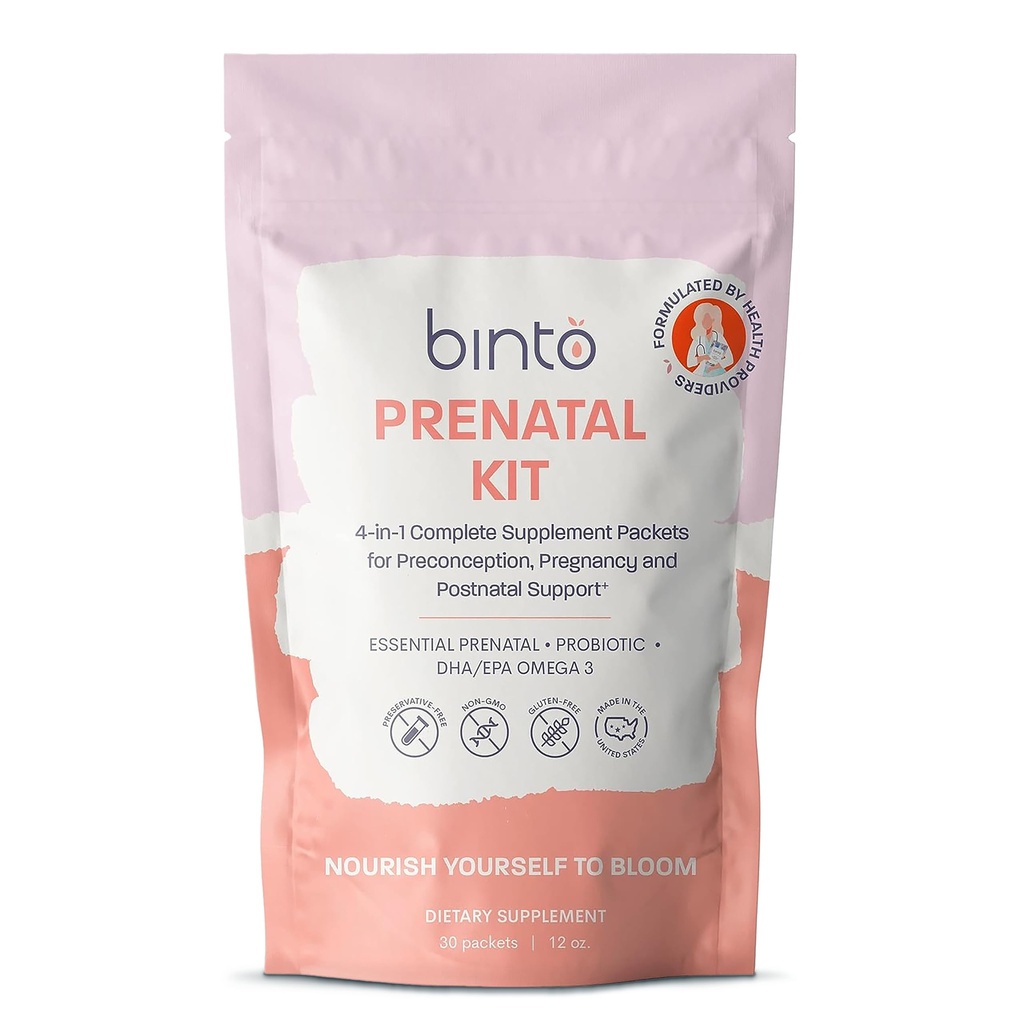 Binto Prenatal Kit - 4- in-1 Doplňky pro zdravé maminka & dítě - 30 Day Supply - Multivitamin, Probiotika, Železo, DHA, Methylovaný folát & kyselina listová - Non- GMO, gluten- Free, Vegetarian