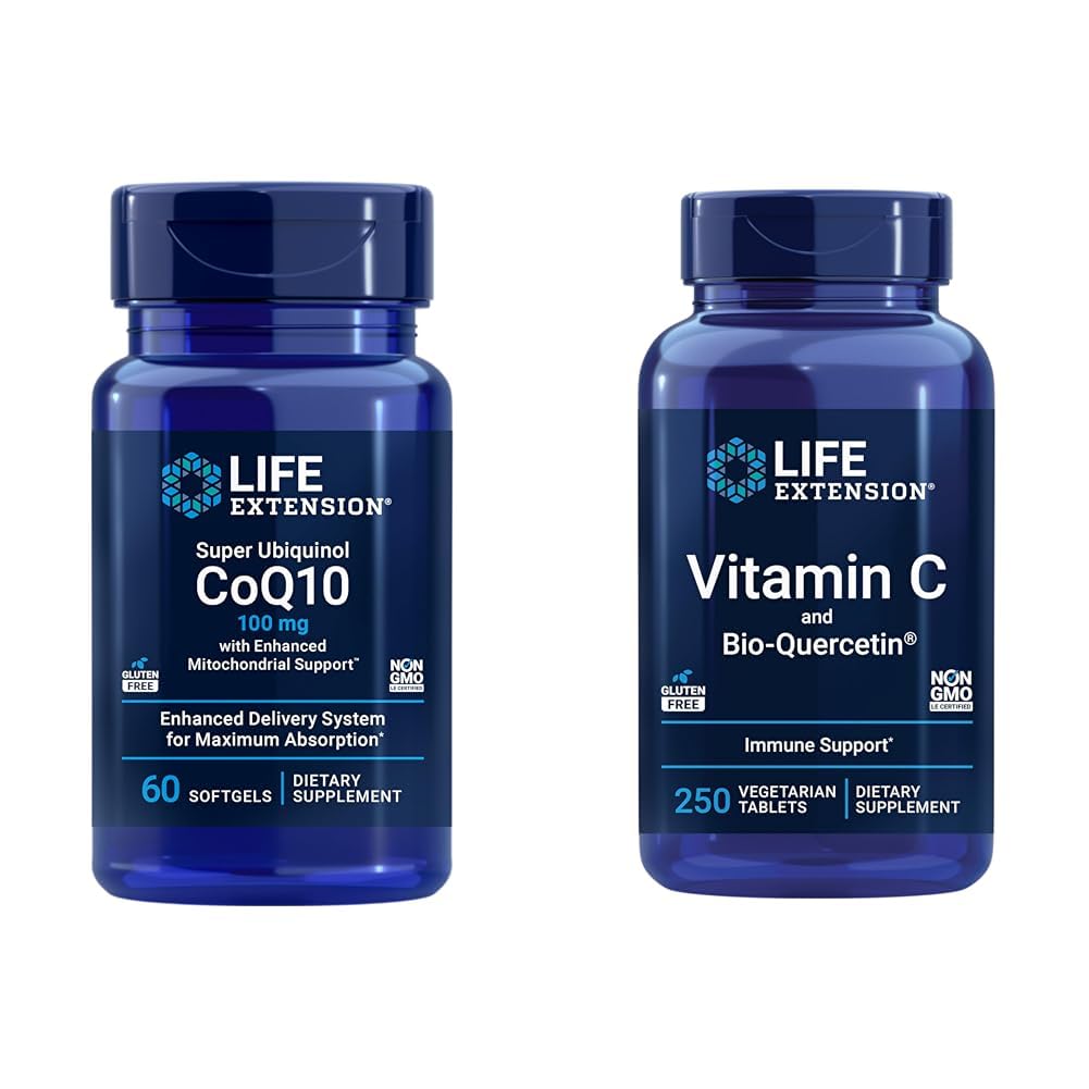 Life Extension Super Ubiquinol CoQ10 60 Softgels a vitamin C & Bio-Quercetin Phytosome 250 Tablet Bundle for Heart, Cellular Energy, Imunite & Celk Health Support