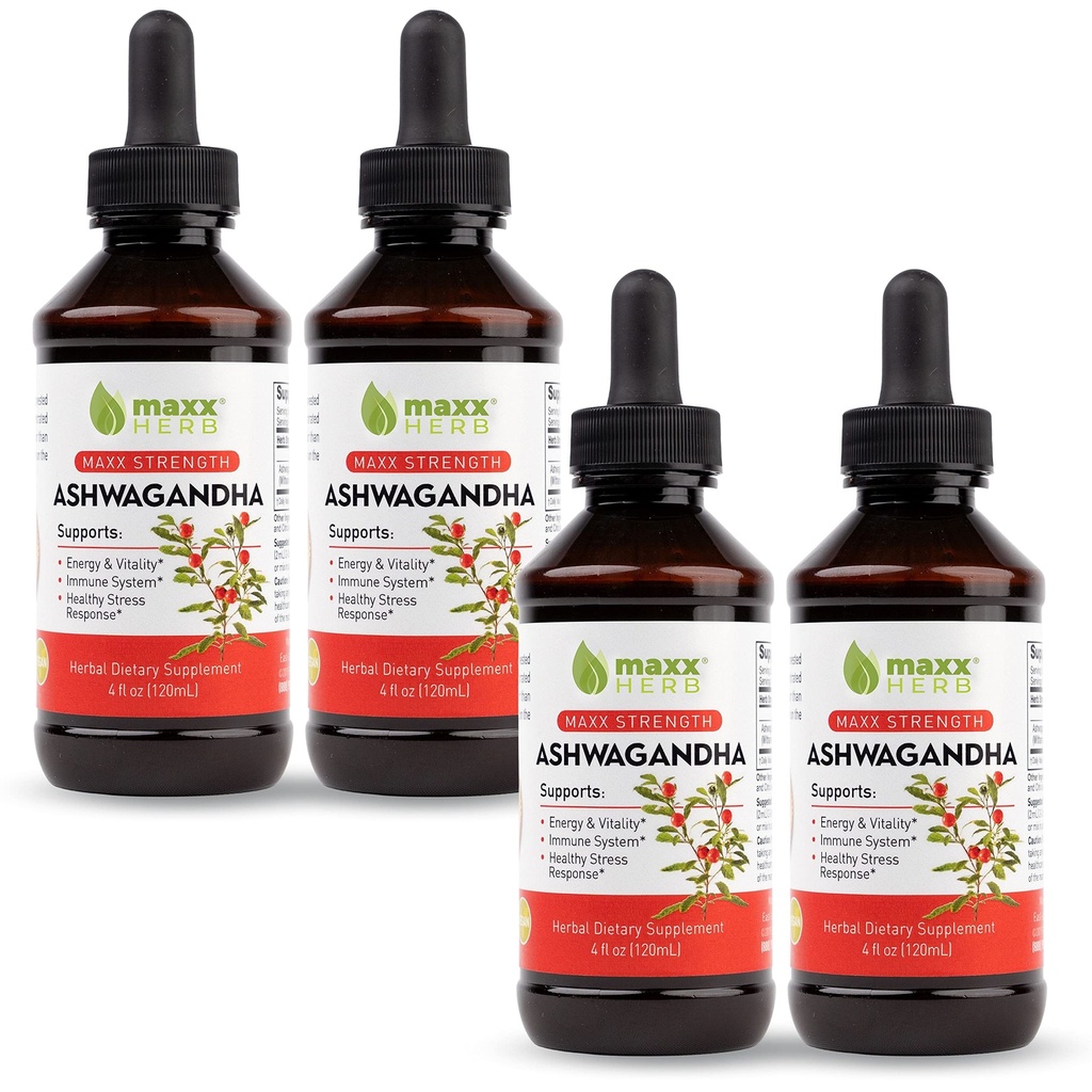 Maxx Herb Ashwagandha Extract - Max síla tekutá tinktura Absorbuje lepší než kapsle nebo prášek - pro Stamina, Paměť, a imunitní podpora - 4 láhve, 4 Oz každý (240 Servings)