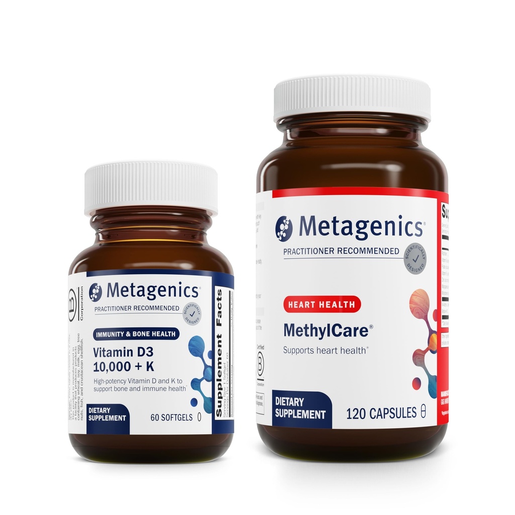 Metagenika Bundle - D3 10 000 + K & MethylCare - 60 Softgels D3 pro imunitní podporu, zdraví kostí a srdce * - 120 Kapsle MethylCare pro metabolismus a methylaci homocysteinu *