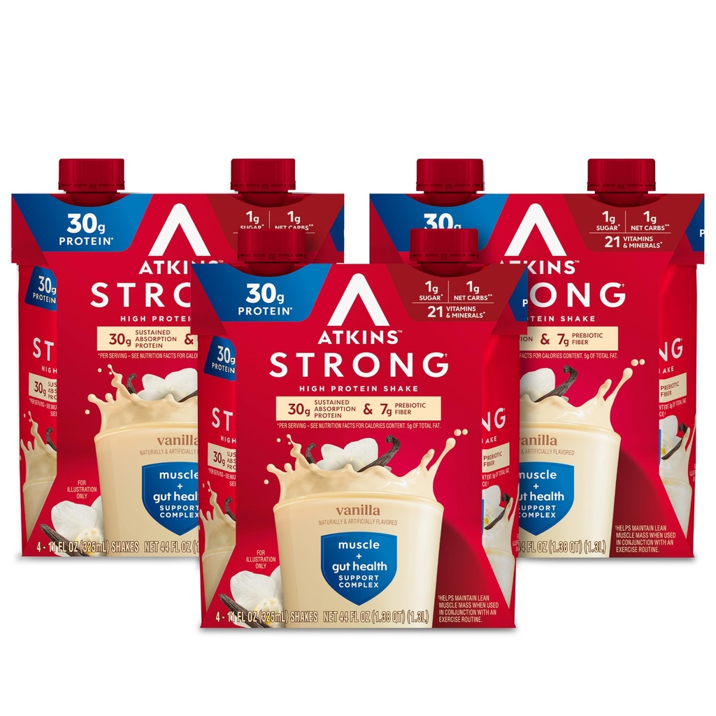 Atkins Strong High Protein Shake, Vanilla ochucené, 30g protein, Nízké sacharidy a nízký cukr Shake, Keto Friendly, Gluten Free, Muscle a Gut Zdraví Support Complex, 12 Počet