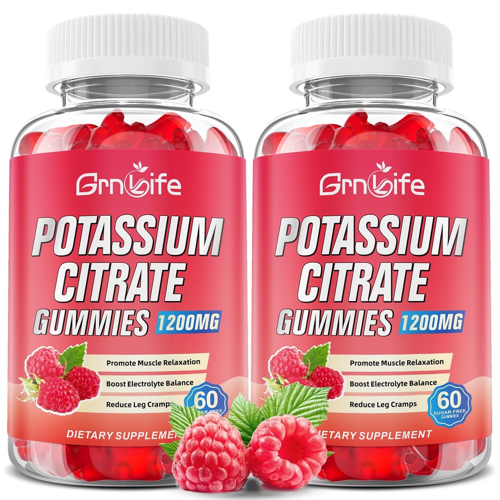 2 Pack kalium Citrát gumové, Vysoký draslík doplněk gumové 1200mg Podpora nohy křeče & svalové zdraví, Draslík gumové pro dospělé a děti, Vegan, Malina Flavor 120 Počet