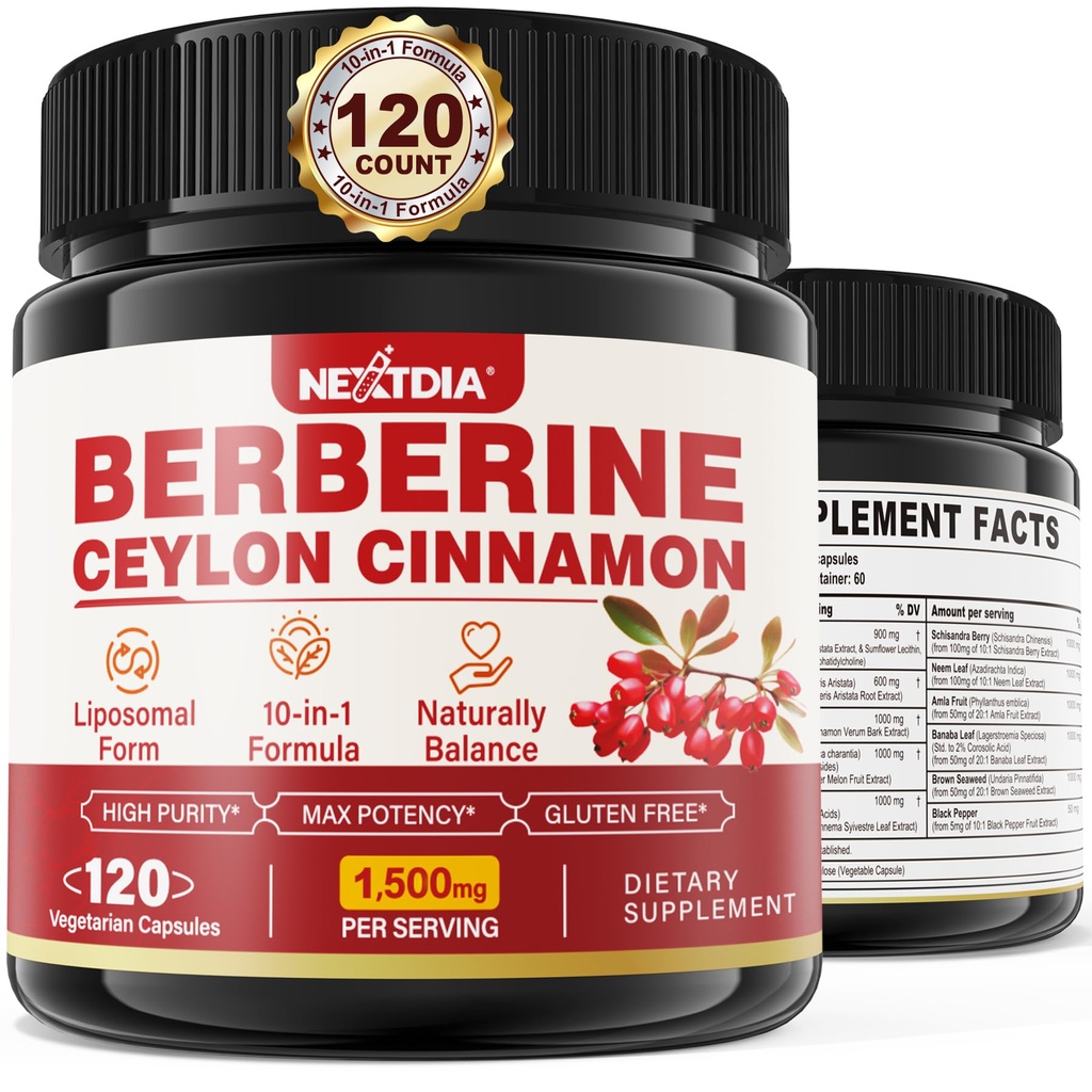 Berberine dodatek Organic 1500mg s Ceylon Skořice Hořká Melon, Lipozomální Berberine HCL Komplexní doplňky, Imunitní a stravitelná podpora - Non- GMO, Organic, Vegan Berberine Kapsle 120Cts