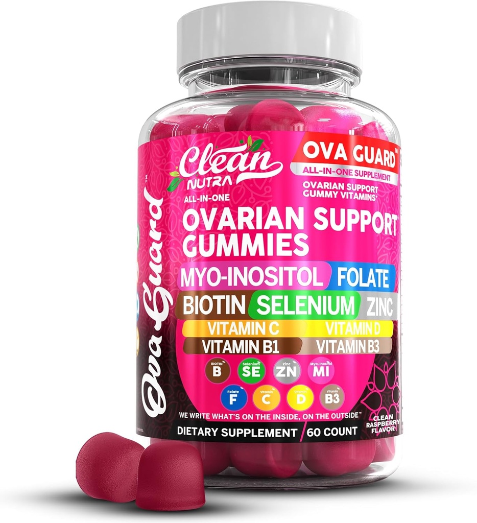 Clean Nutraceuticals Ovaria Health Support PHAR124; Myo- Inositol & D- Chiro Inositol Gummies PHAR124; Folate Selenium Zinek Vitamin C D B1 B3 Maca Root Choline Bitartate String Nettle N Acetyl Cysteine Clean