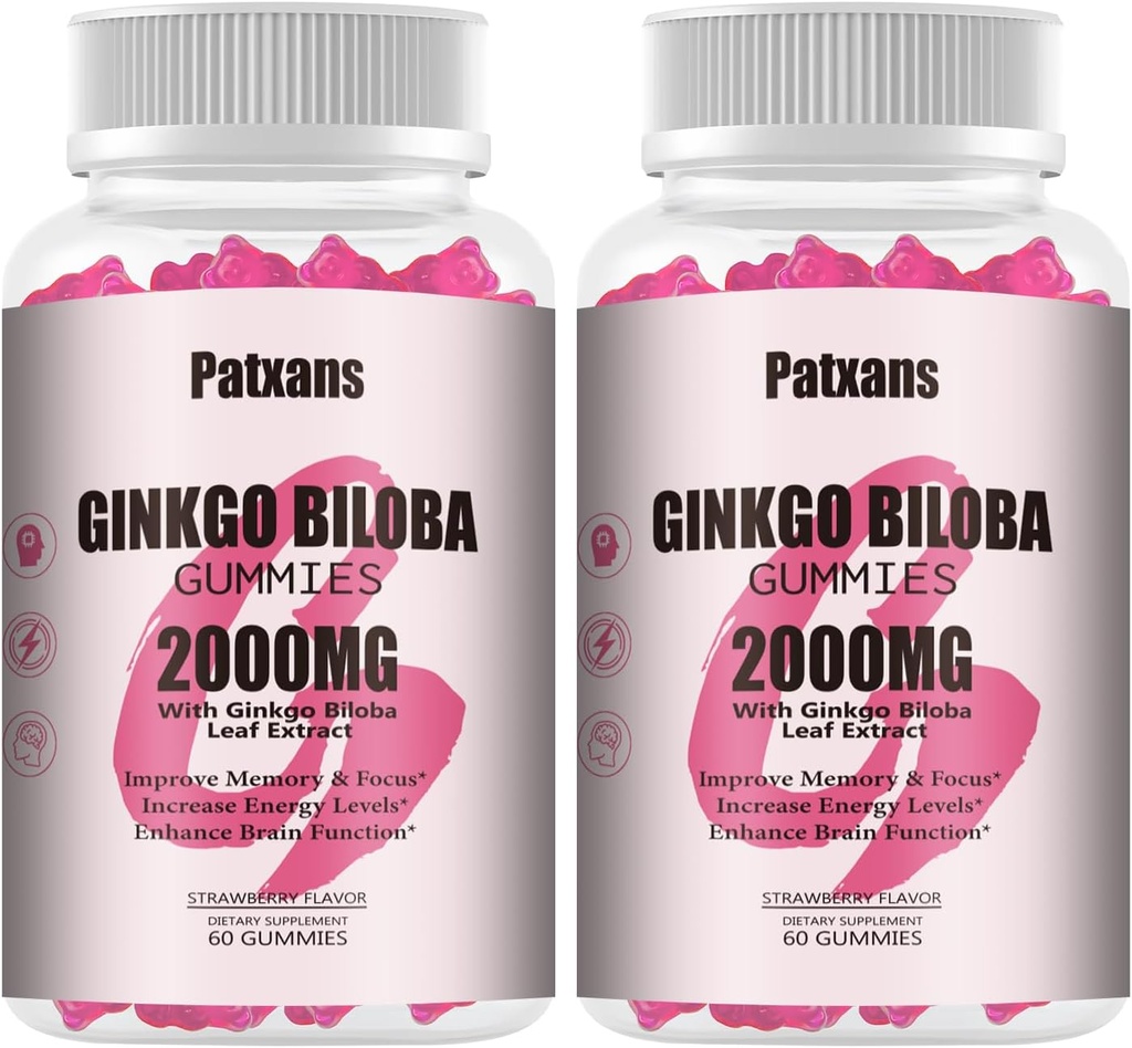 2 Balení 2000mg Ginkgo Biloba Gummies - Ginkgo Biloba doplňky pro podporu zdraví mozku, zlepšení nálady a soustředění, energie, dospělé, jahodové ochucení, 120 Počet