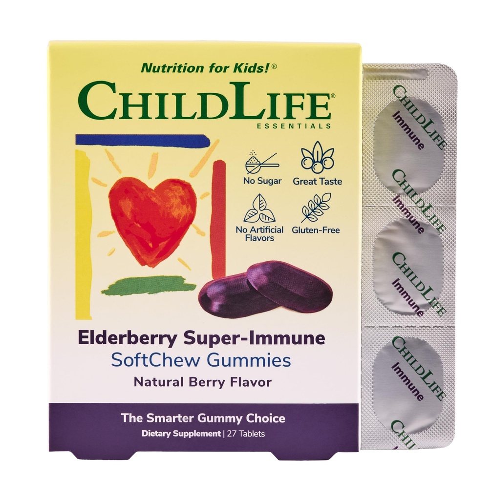 Dětský život ESSENTIALS Elderberry Super- Imunitní měkké žvejkačky pro děti - Imunitní podpora s vitaminem C & Vitamin D3, Elderberry Imunitní dodatek pro děti, Toddlers & Children - Berry, 27 Softchews