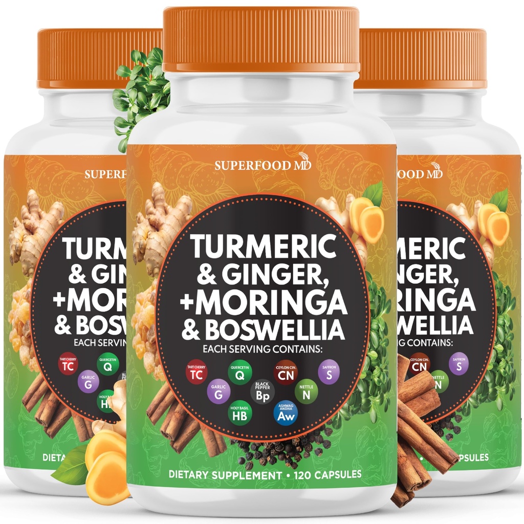 Turmeric Moringa 50000mg dodatek 124; Ginger Boswellia 3000mg Saffron 2000mg Holy Basil - Společná podpora doplněk pro ženy a muže s Cejlon Skořice, Quercetin, Tart Cherry - 360 Počet