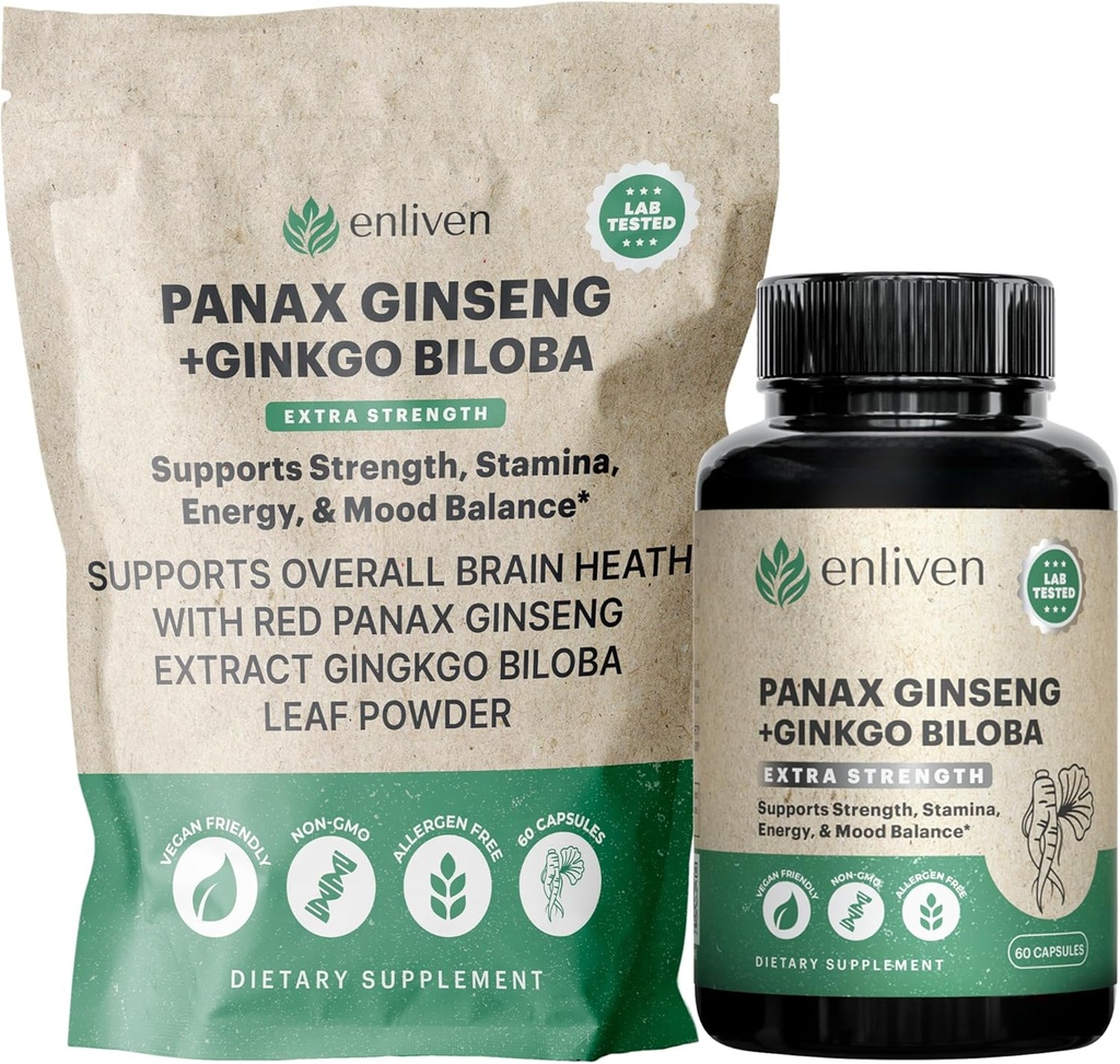 Panax Ginseng & Ginkgo Biloba dodatek pro energii, Focus & Brain Health CLAS124; Korejské červené Ginseng Kapsle pro paměť, Stress Relief & Circulation CLAS124; Přírodní kognitivní podpora 124; 60 Počet 124; Vyrobeno v USA