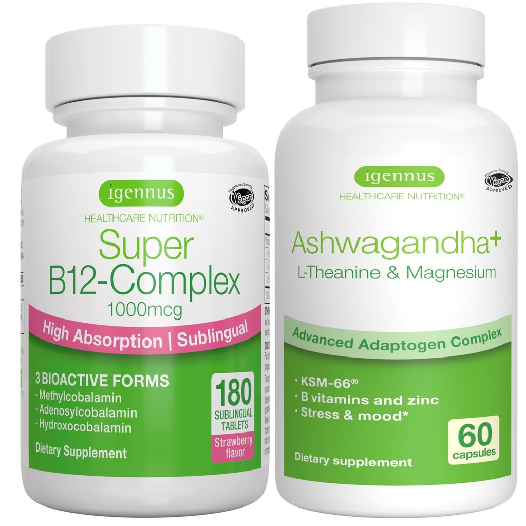 Super B12-Complex 1000mcg + Advanced Ashwagandha KSM- 66, L- Theanine & Magnesium Bundle, High Absorption Sublingual Vitamin B12 + Multi Action Adaptogen Complex, by Igennus