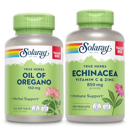 SOLARAY Oil of Oregano Softgels and Echinacea, VIT C & Zinek Imunitary Supplement - Oregano Oil and Echinacea Capsules w / Vitamin C 500mg Plus Bioflavonoidy, Vegan, 60denní záruka, 120ct / 180ct