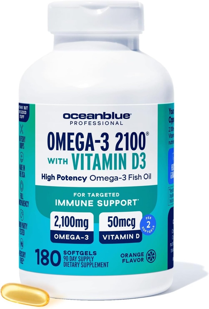 Oceanblue Professional Fish Oil s vitaminem D3 DOTY124; Triple Strength 2100mg Omega 3 DPA EPA DHA DOTY124; Wild Caught Orange 124; Burless Orange Flavor, 90 Servings (180 Count)
