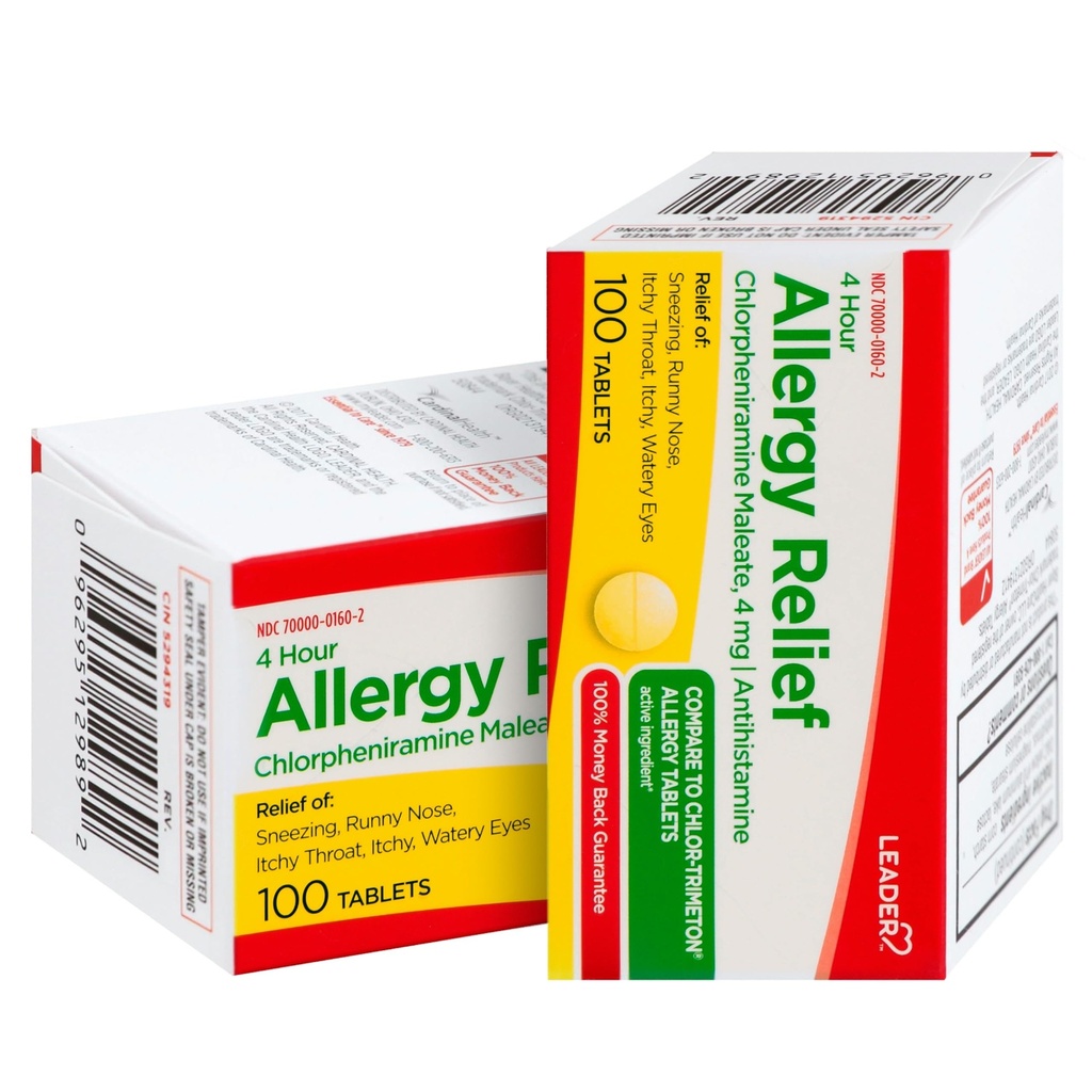 Leader 4 Hodin Alergie Relief, Chlorfeniramin Maleate tablety, Antihistamin, 4 mg, 100 Počet, Balení po 2