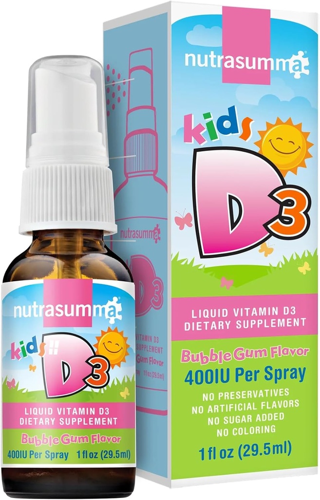 Nutrasumma Děti Vitamin D3 400 IU Spray Bubble Gum Flavor- 1oz- Přirozeně vysoká Absorpční rychlost podporuje Kostní zvýšení imunitní systém doplněk vitaminu