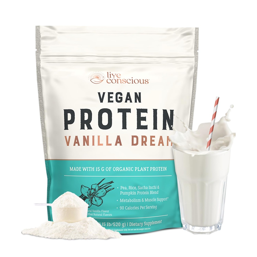 Live Conscious Vegan Pea Protein Powder - Vanilla Dream Flavor Blend 124; Plant- Based Vegan Protein Blend - Pea, Brown Rice, Pumpkin, Sacha Inchi Blind 124; 20 Servings 18 oz