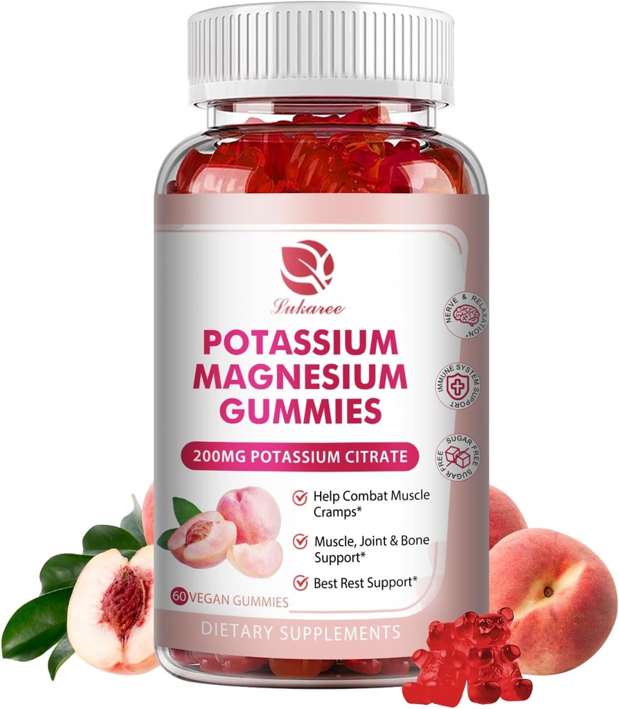 Magnesiové gumy draselné - vysoká absorpce Glycinát hořečnatý a citronan draselný 200mg Plus Omega 3, B6, D3, K2 & vápník - Žvýkací guma pro imunitu a energii - Peach Flavor - 60 Počet