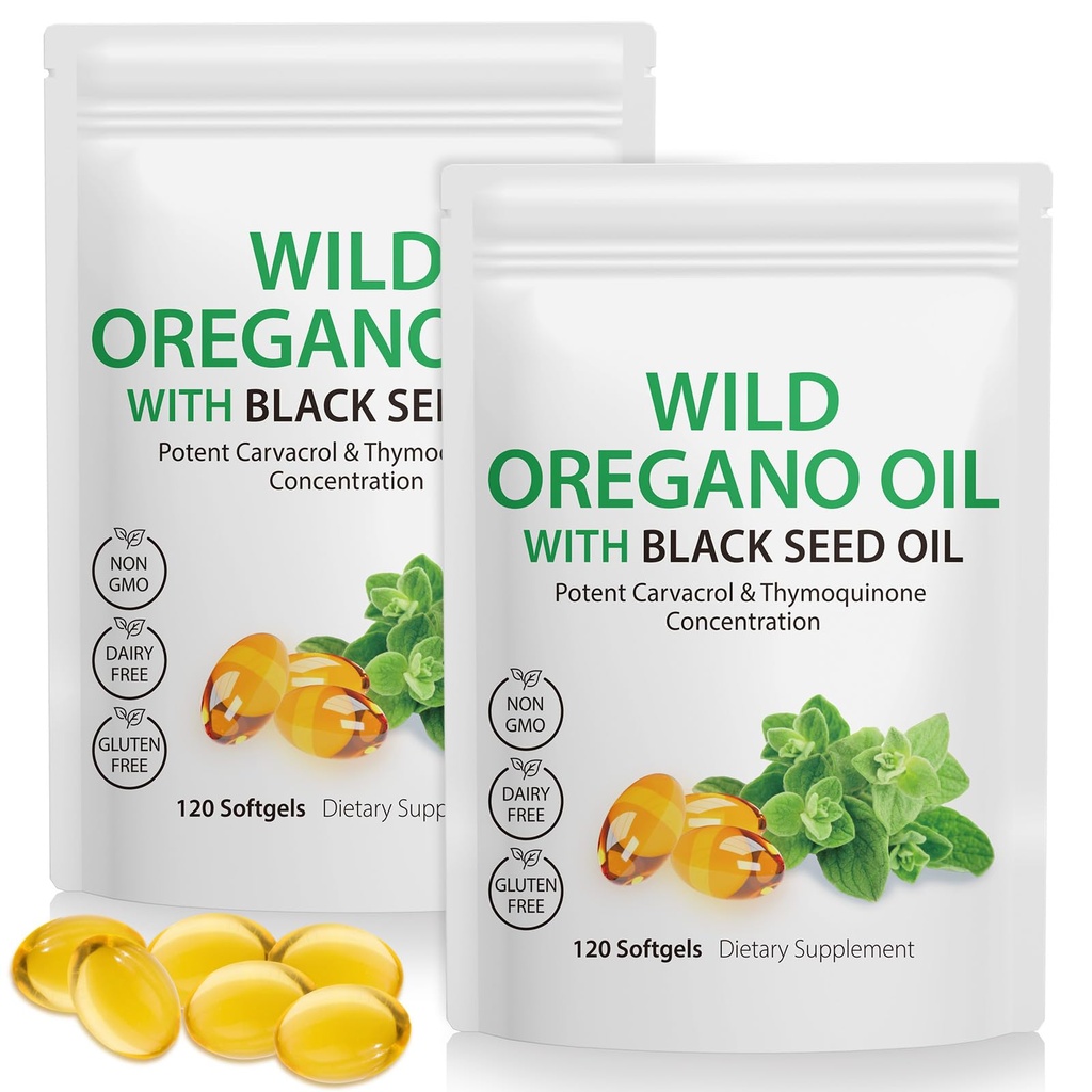 Olej Oregano Softgels 6000mg per Serving 240 Počet 124; 2 v 1 Vyrobeno s černým semenným olejem 200mg, 4X Síla karvakrol & Thymoquinon PHAR124; Plant based, Non- GMO & Imunitation Support