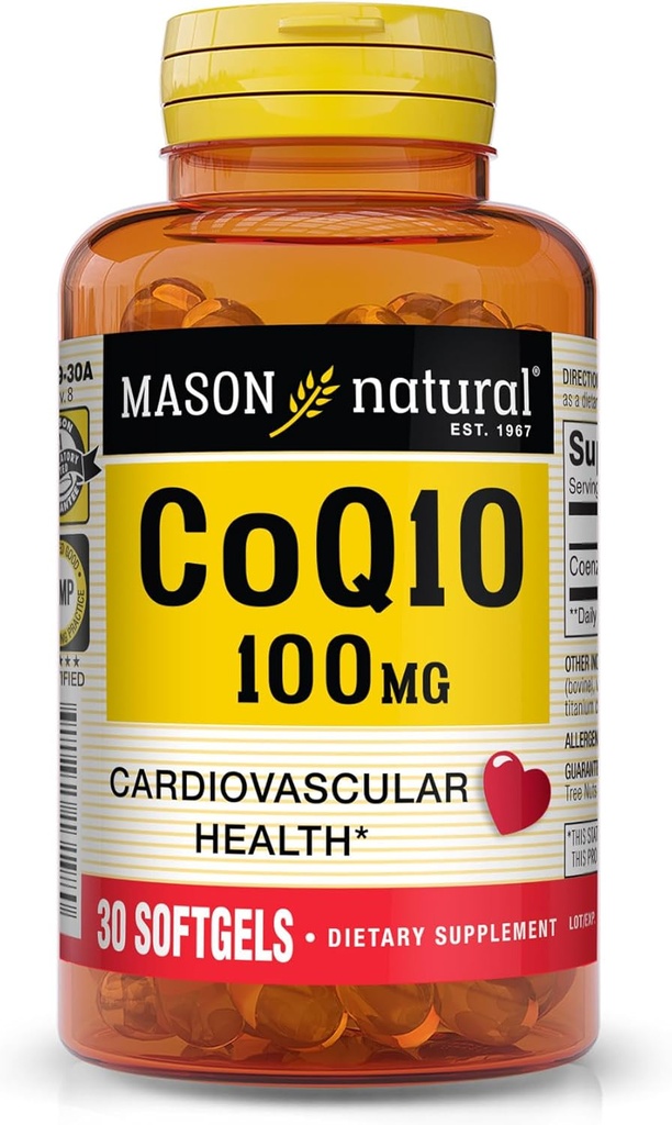 MASON NATURAL Co Q10 100 mg - Zdravá srdeční a celulární výroba energie, podporuje kardiovaskulární zdraví, 30 Softgels