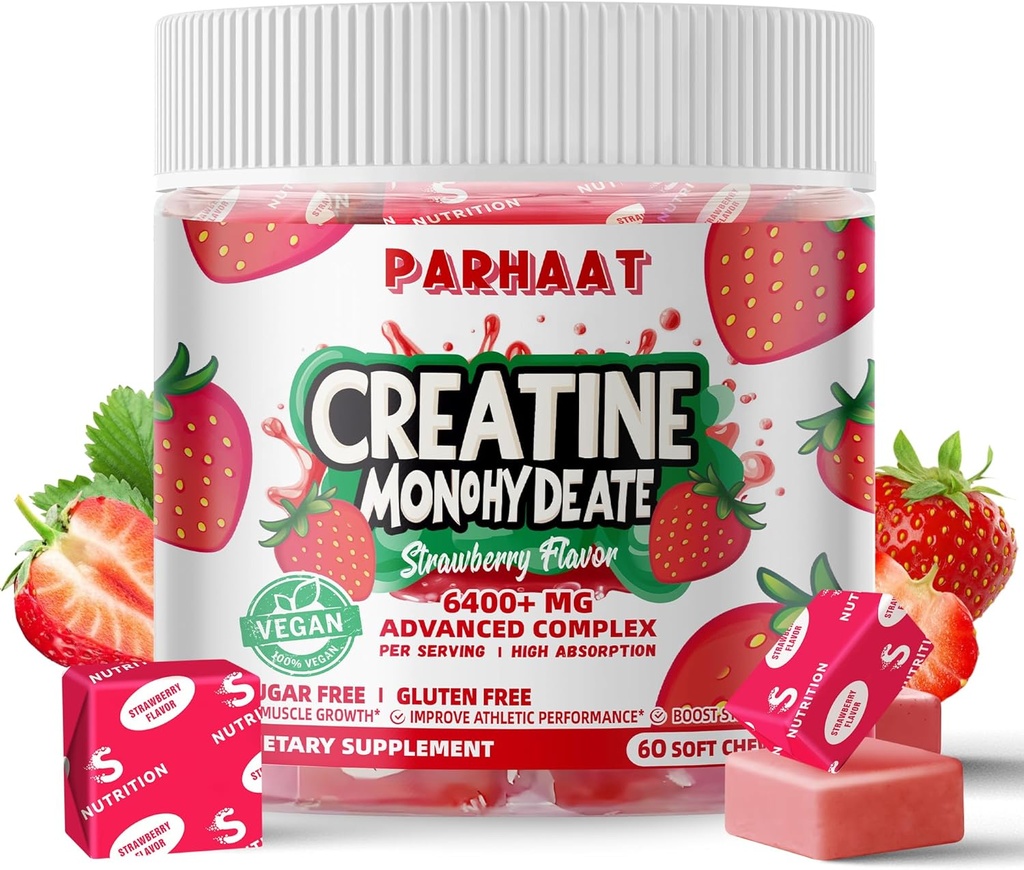 Creatine Monohydrát Žvýkací Complex 6400mg pro muže a ženy - Advanced Formule W / L- Taurin + vitamín B12, Bezcukrový Žvýkací doplněk, 60 Jahodové žvýkačky