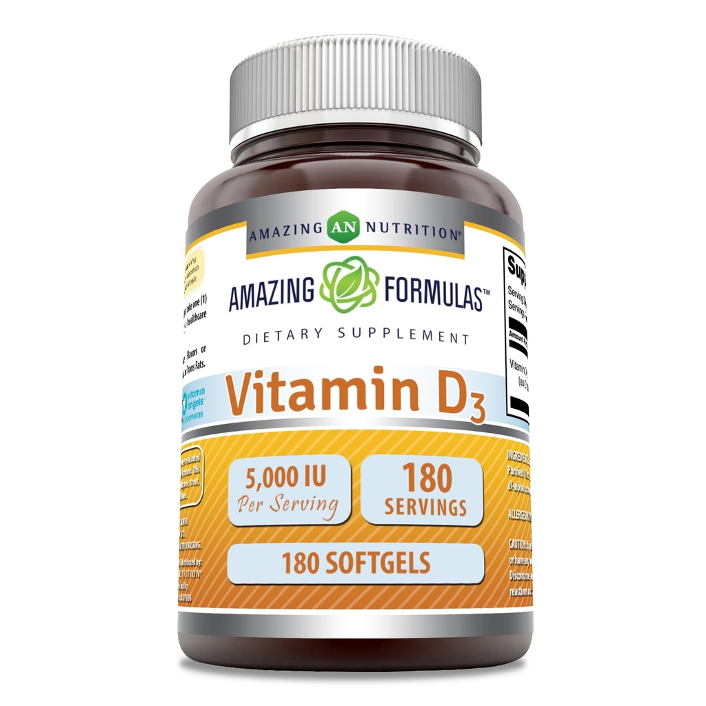 Úžasný vitamín D3 (cholekalciferol) Doplněk 124; 5000 IU na servírování 124; 180 Softgels 124; Non- GMO 124; gluten- Free 124; Made in USA