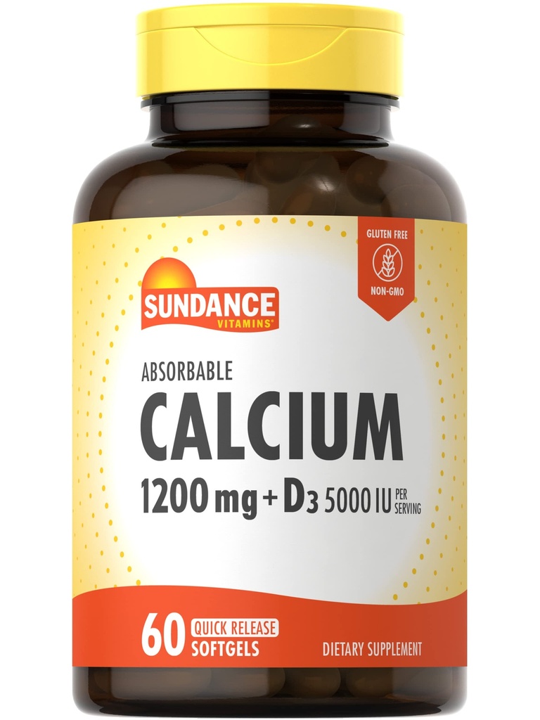 Sundance Calcium 1200 mg s vitaminem D3 5000 IU PHARMAN 124; 60 Absorbovatelných Softgels PHARMAN 124; Non- GMO & Gluten zdarma dodatek