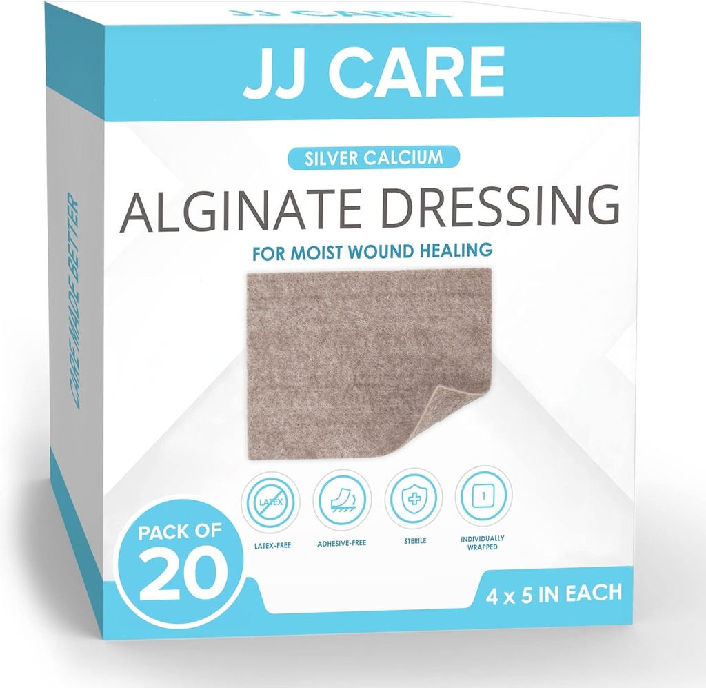 JJ CARE Stříbrné vápníkové Alginátové zranění Dressing (Balení 20) 4x5, Stříbrné Alginátové zranění Dressing Individuálně balené, Vysoce Absorbent Non- Adherent Obvazy pro péči o zranění
