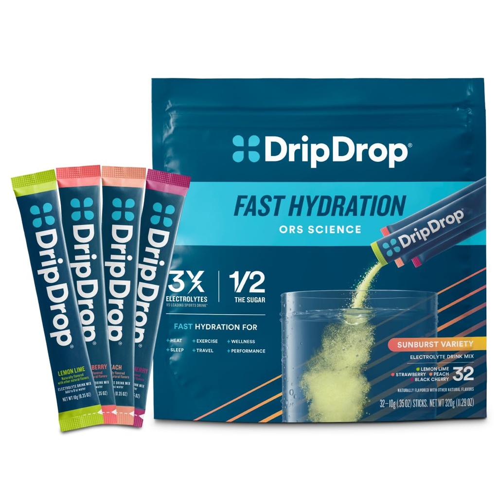 DripDrop Hydration Packets - Sunburst Variety Pack - Single Serve Electrolytes Powder Drink Mix - Lemon Lime, Jahoda, Peach, Black Cherry - Non- GMO, Gluten Free, Vegan - 32 Sticks