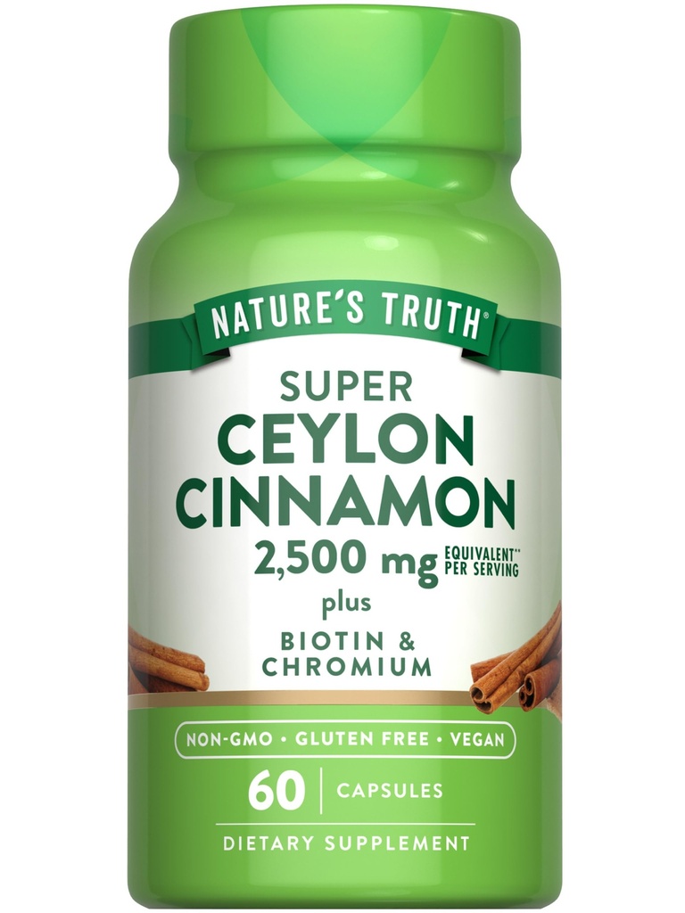 Přírodní pravda Cejlon Skořice Kapsle 124; 2500mg kapsle 124; plus Chrom a Biotin 124; 60 Počet 124; Vegan, Non- GMO & gluten Volný dodatek