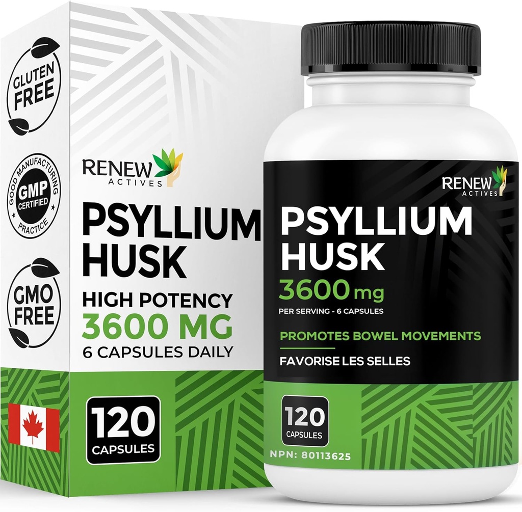 Reew Actives Psylium Husk 1200MG na 2 Kapsle - Bulk- Forming Laxative & Soluble Fiber for Digestive Health, Regularity & Adult Wellness - Čisté ingredience - Made in Canada - 120 Kapsle