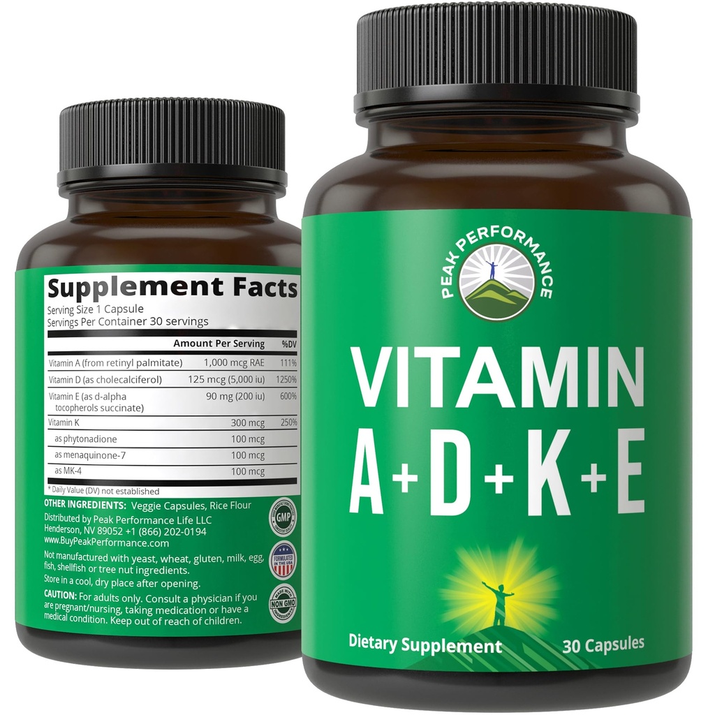 Peak Performance Vitamíny D 5000 iu + A + K + E Vše v 1 Snadno spolknout Veganskou kapsli. ADK vitamin dodatek s E D3 K2. Základní vitaminy pro nádech, imunitní, kost, vize, srdce