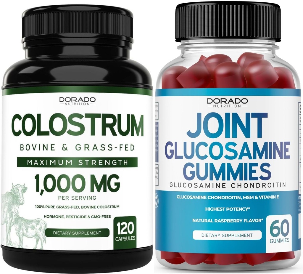 Mlezivo (120 hrabě) Bovine Colostrum Kapsle pro dospělé a Glucosamine Chondroitin (60 Gummies) Společné doplňky pro muže a ženy s lahodnou Malinovou příchutí - Vegan Safe & Made in USA