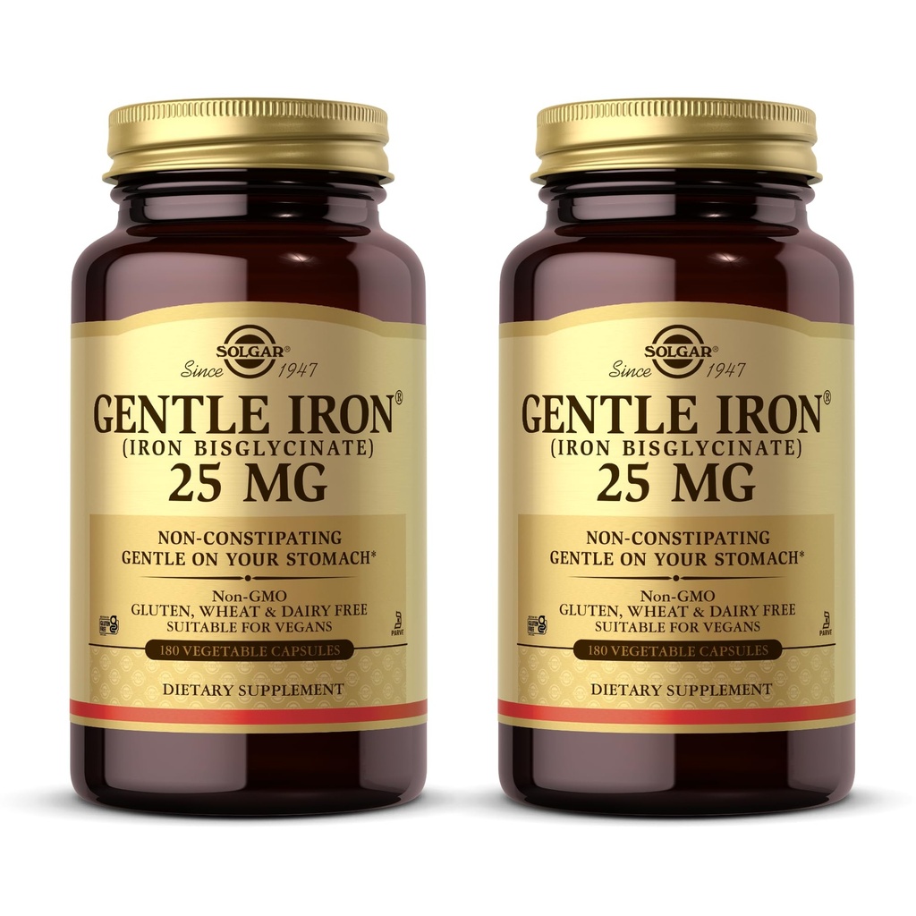 Solgar Gentle Iron (Iron Bisglycinate) 25 mg - 180 Zeleninové kapsle, Balení 2 - Non- Constipating, Gentle on Your Stomach - Non- GMO, gluten Free - 360 Total Servings